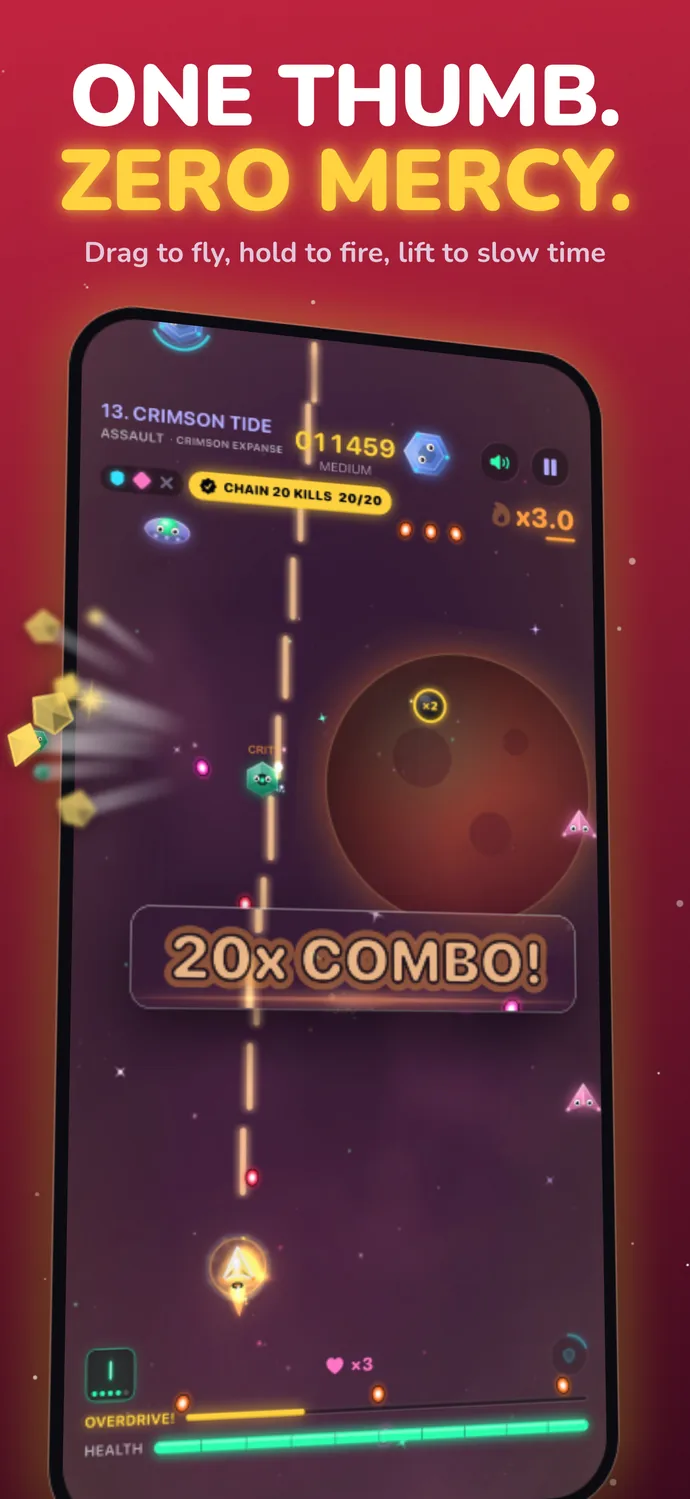 One thumb, zero mercy: a 20x combo as you drag to fly, hold to fire and lift to slow time