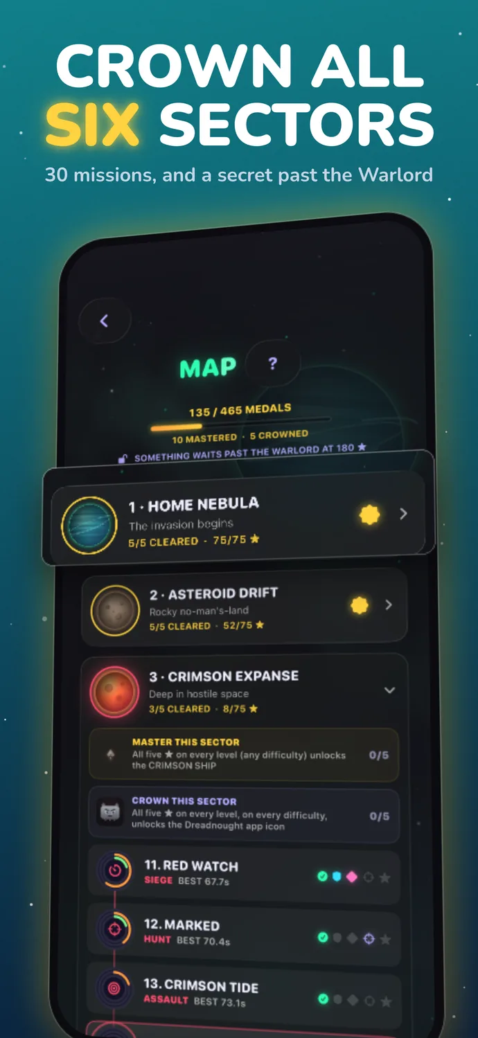 Crown all six sectors: the campaign map, 30 missions and a secret past the Warlord