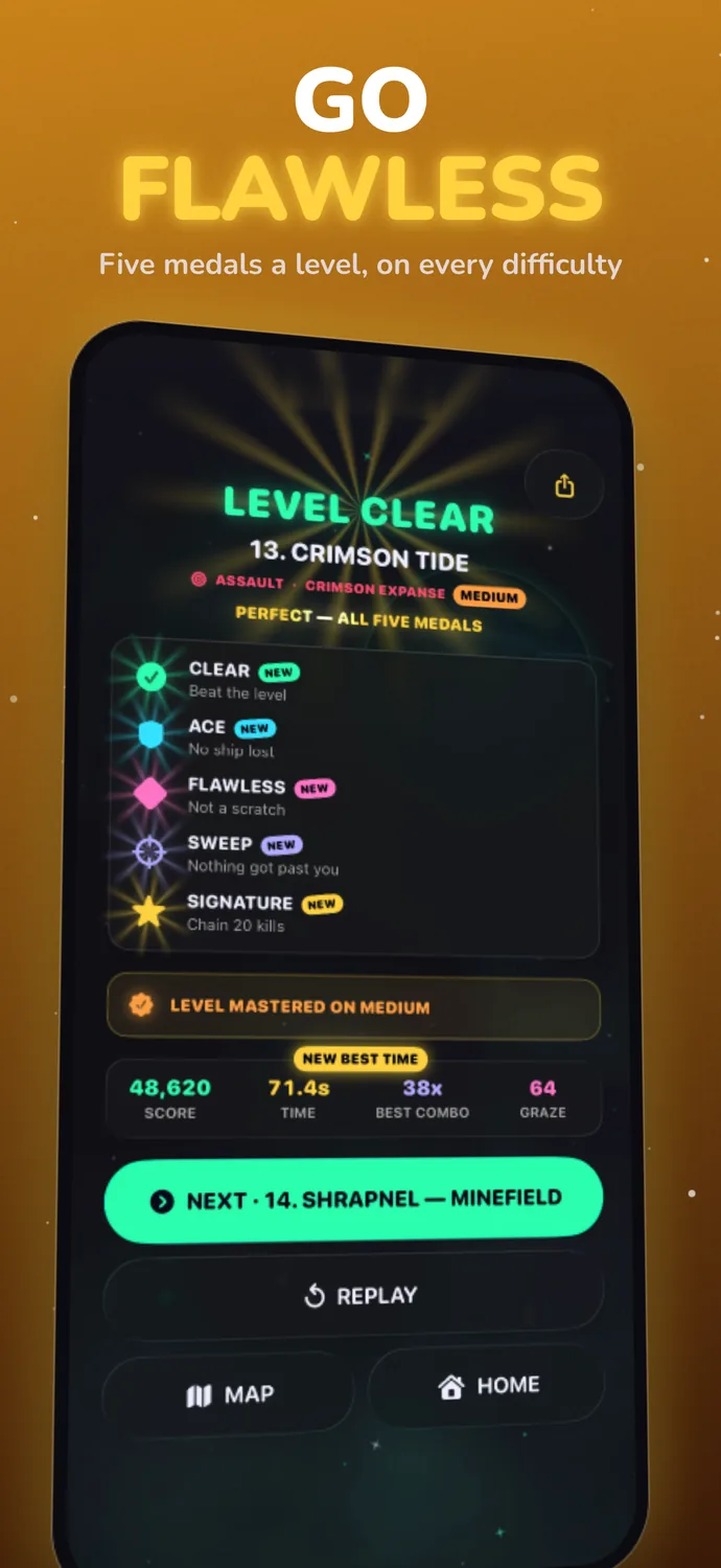 Go flawless: five medals a level on every difficulty, all earned on a perfect clear